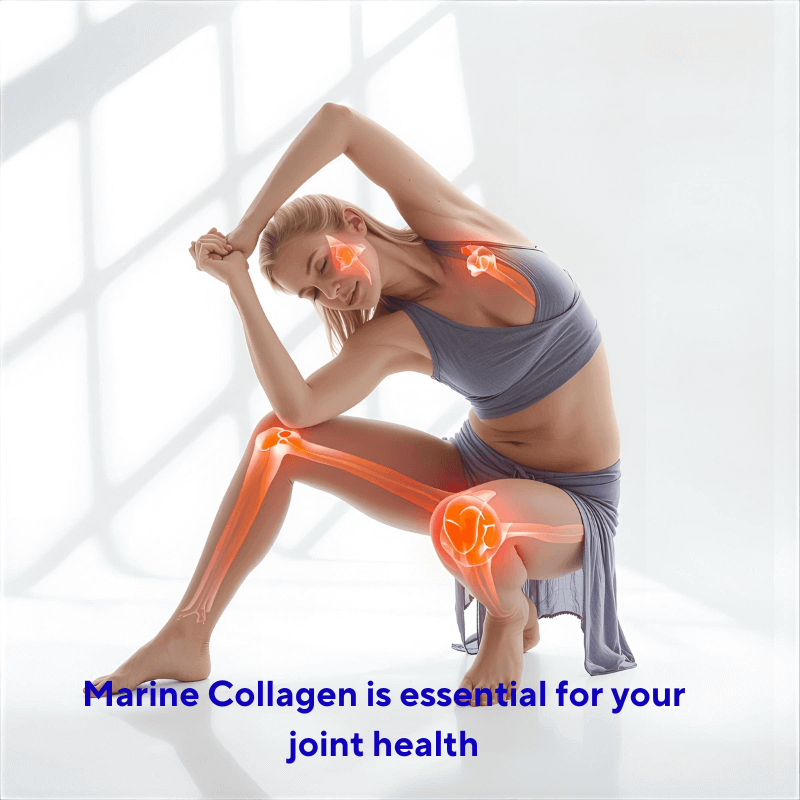 Marine collagen for joint and skin health with a woman demonstrating flexibility and joint support benefits.
