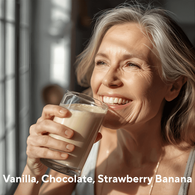 Smiling person over 50 enjoying a protein and collagen powder for ageing smoothie available in vanilla, chocolate, strawberry and banana