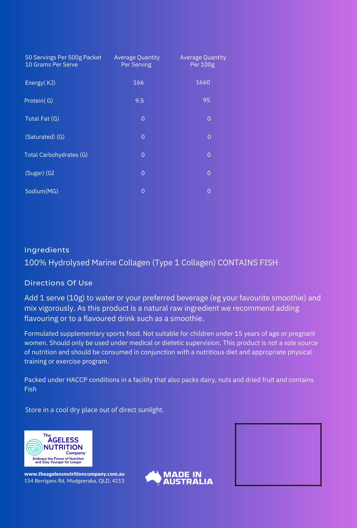Nutrition label of our marine collagen for joint and skin health with ingredients listed