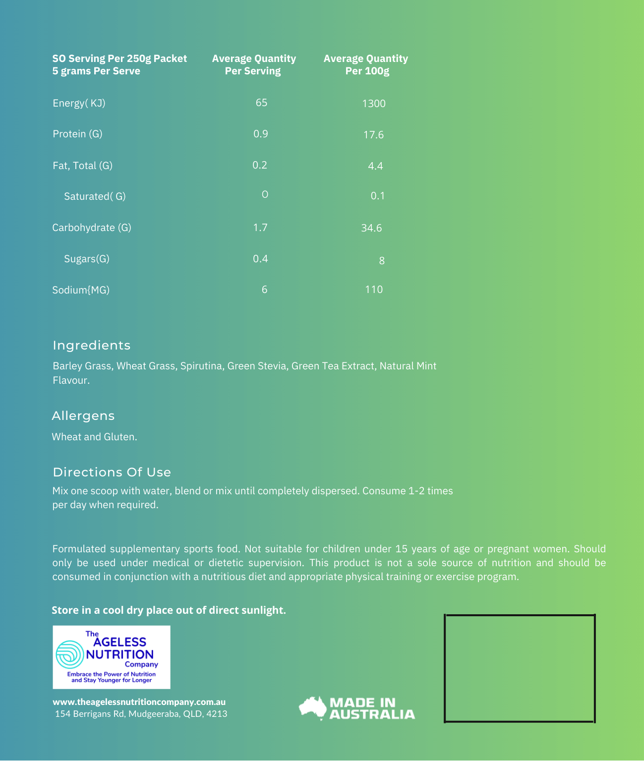 Nutrition label of our super greens for anti-aging, highlighting the natural ingredients