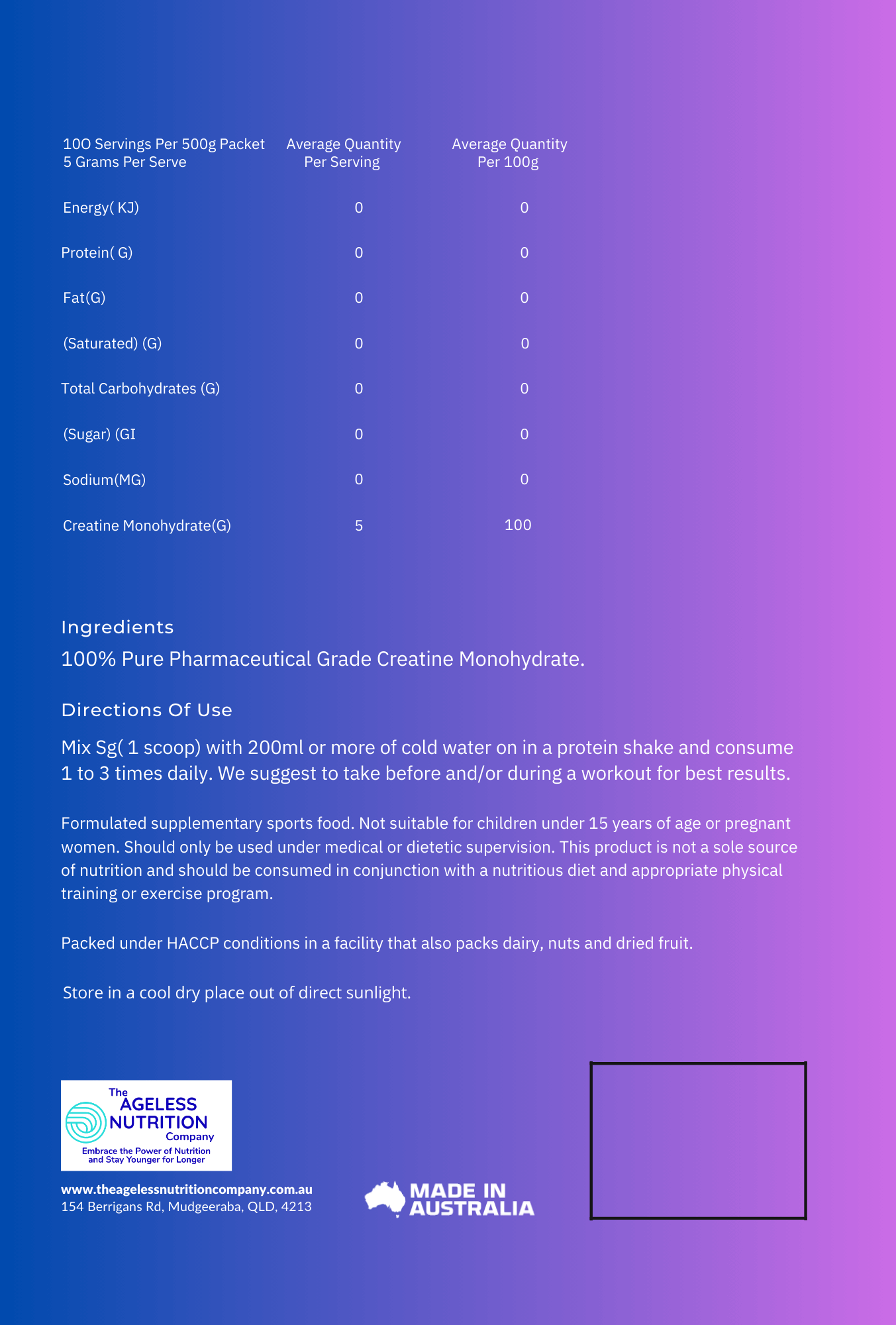 Nutrition label of our 100% Pure Micronised Creatine for cognitive function with ingredients listed