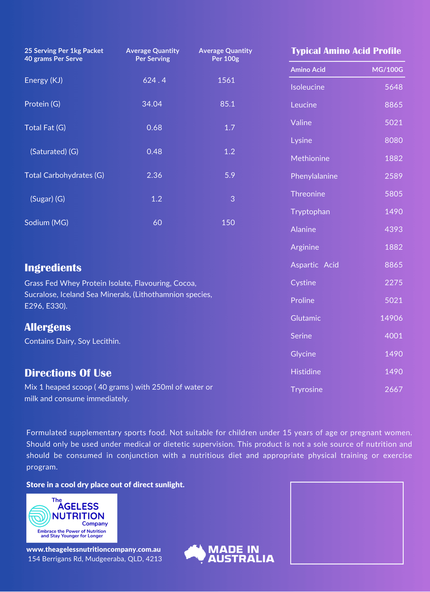 Nutrition label of our grass-fed whey protein for age-related muscle loss with ingredients listed
