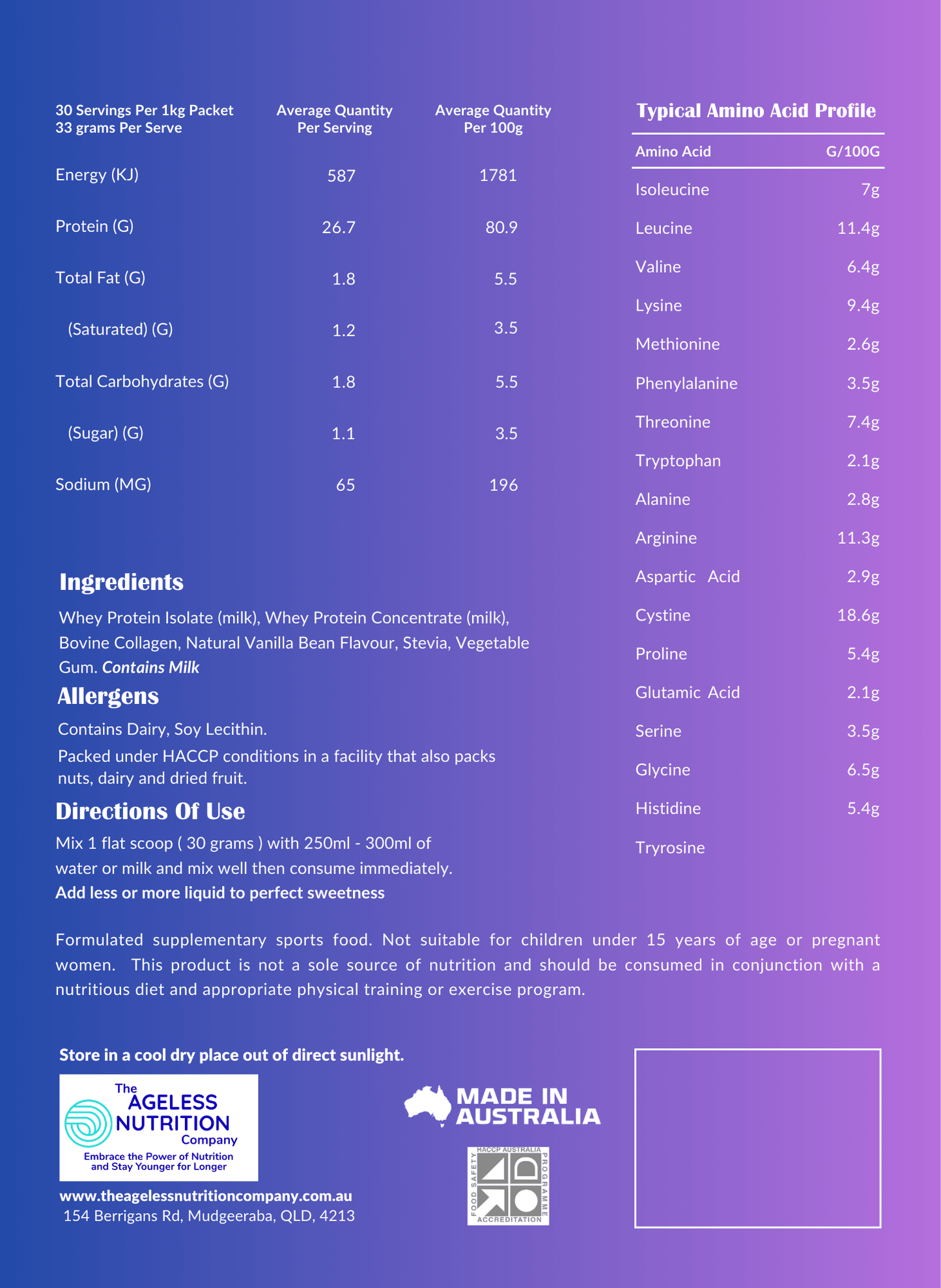 Label of The Ageless Nutrition Co. protein and collagen powder for aging, highlighting natural ingredients