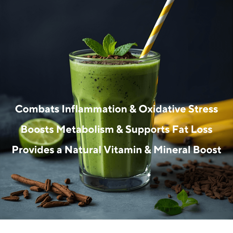 A green smoothie with our super greens for anti-ageing, looking vibrant and healthy