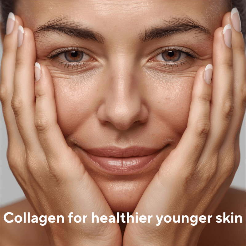 Close up of youthful skin and flexible hands, showing the benefits of our protein and collagen powder for ageing being younger healthier skin