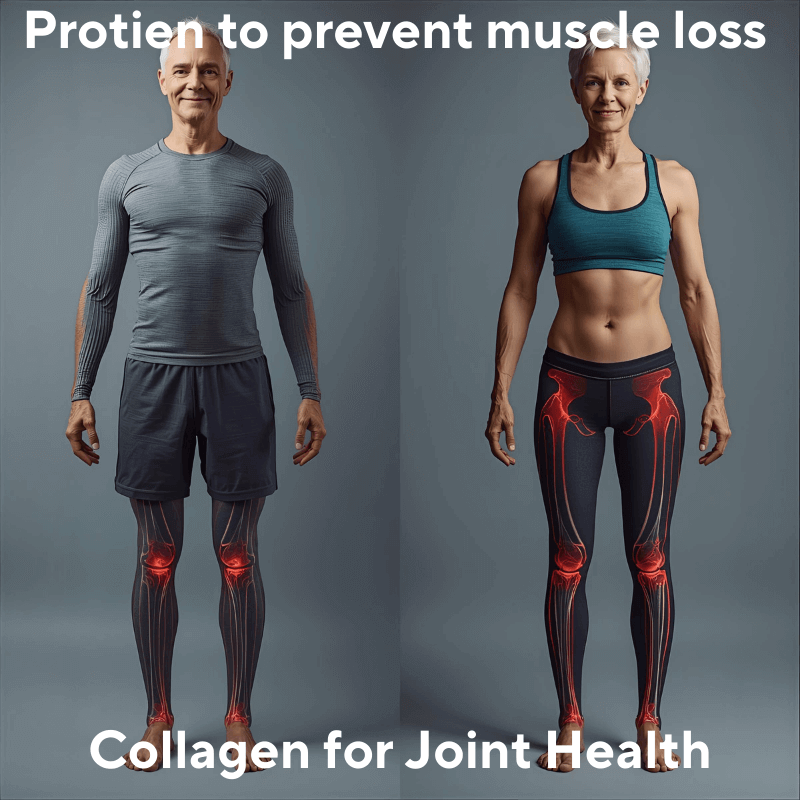 Two people, one male and one female, with highlighted muscles and joints showing the benefits of our protein and collagen powder for ageing promoting stronger muscles and joints