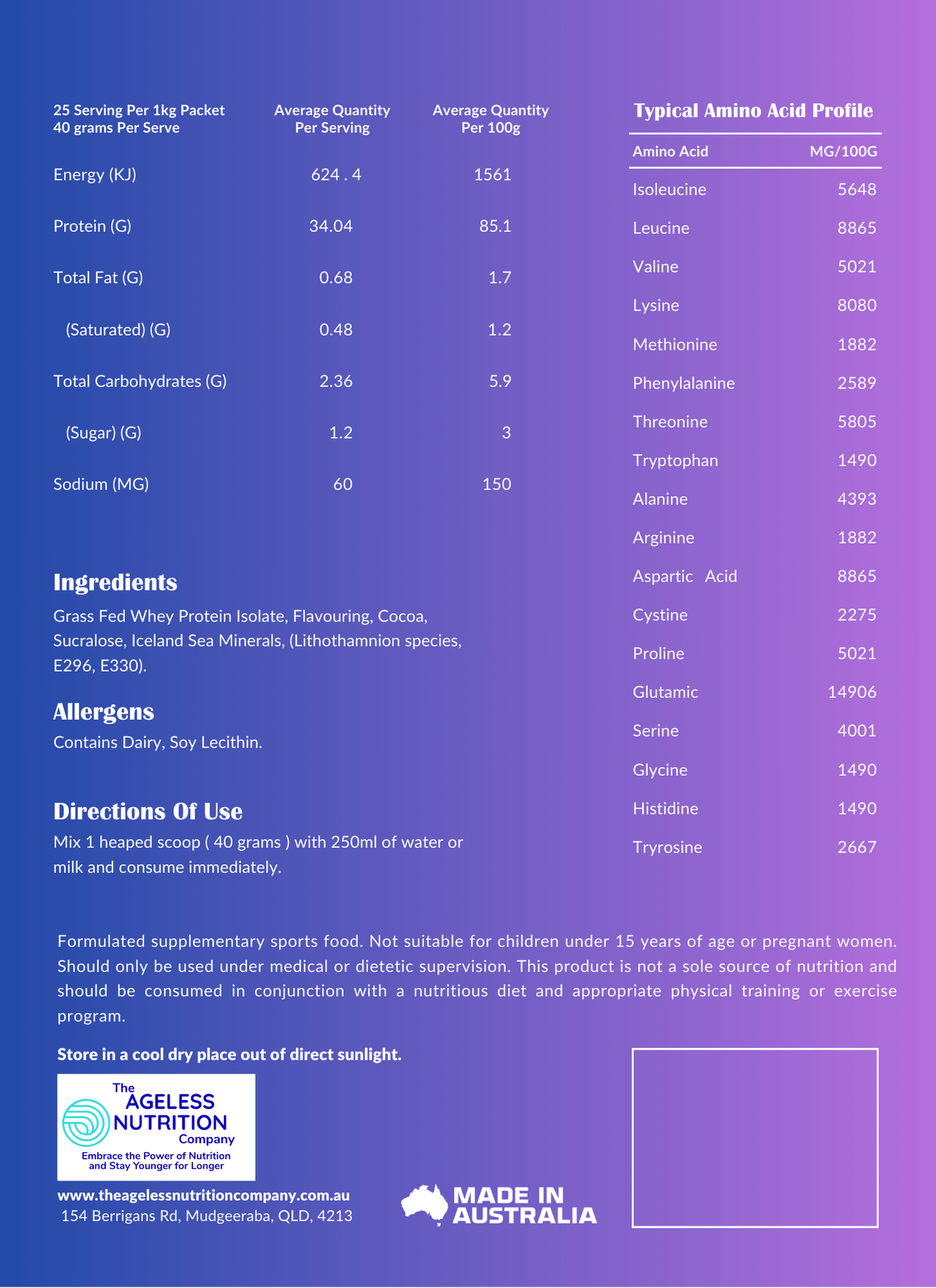Nutrition label of our grass-fed whey protein for age-related muscle loss with ingredients listed