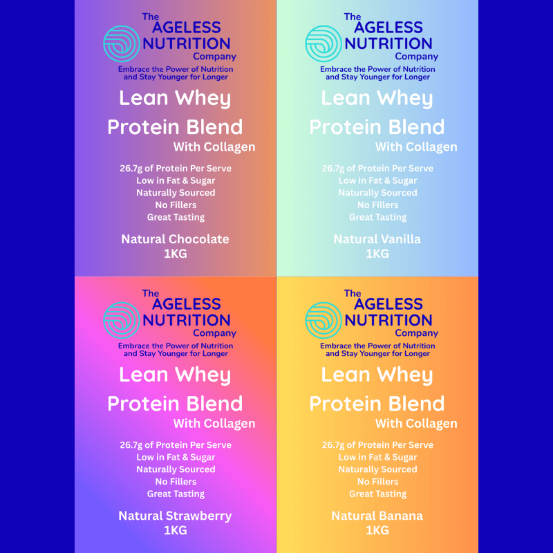 four packets of of The Ageless Nutrition Co. protein and collagen powder for ageing, highlighting natural ingredients