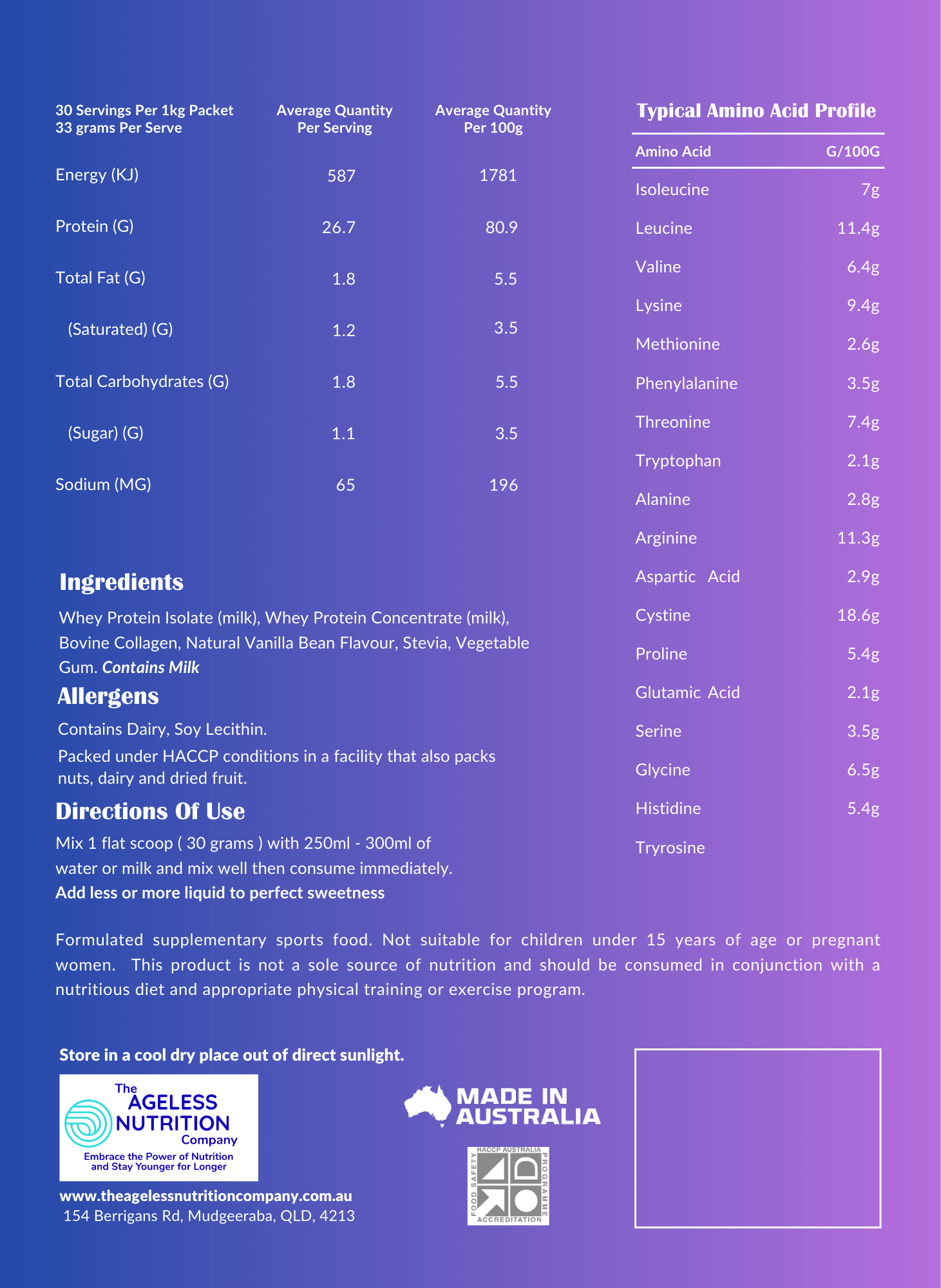 Label of The Ageless Nutrition Co. protein and collagen powder for aging, highlighting natural ingredients