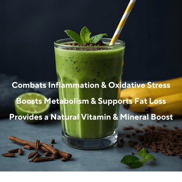 A green smoothie with our super greens for anti-ageing, looking vibrant and healthy